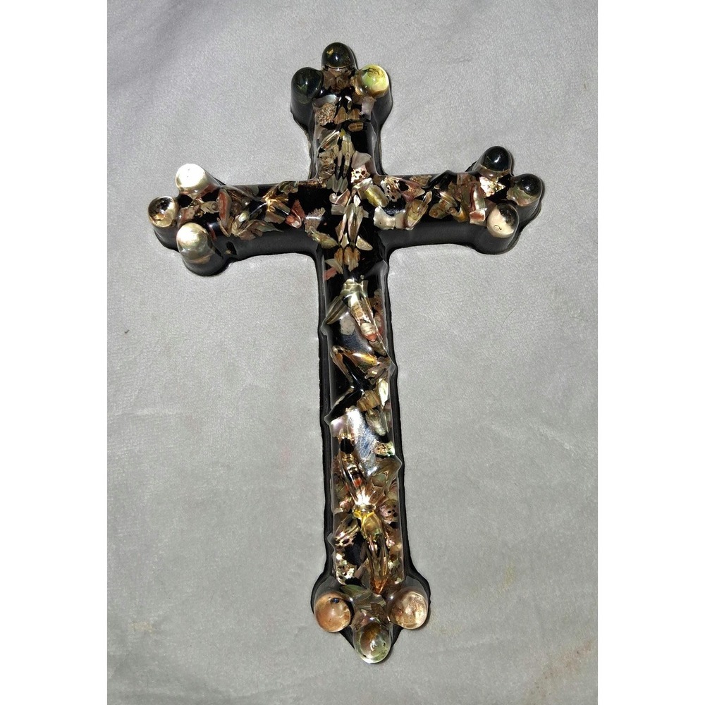 Handmade Black Resin Cross with Embedded Shell & Abalone Mosaic – 8"